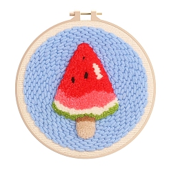 Red Watermelon Ice Lolly Pattern Punch Embroidery Beginner Kits, including Embroidery Fabric & Hoop & Yarn, Punch Needle Pen, Threader, Instruction, Red, 150mm