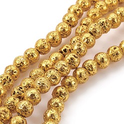 Gold Electroplated Natural Lava Rock Bead Strands, Round, Gold, 10mm, Hole: 1.5mm, about 38~39pcs/strand, 15.27 inch~15.55 inch(38.8~39.5cm)