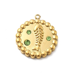 Перидот 304 из нержавеющей стали горный хрусталь подвески, плоский круглый с подвесками в виде рыбьей кости, ионное покрытие (ip), реальный 14 k позолоченный, перидот, 20.5x18x3 мм, отверстие : 1.4 мм