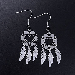 Stainless Steel Color 201 Stainless Steel Chandelier Earrings, Woven Net/Web with Feather, Stainless Steel Color, 68x20mm, Pin: 0.7mm