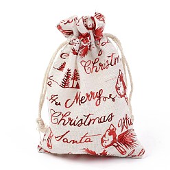 Word Christmas Theme Cotton Fabric Cloth Bag, Drawstring Bags, for Christmas Party Snack Gift Ornaments, Christmas Themed Pattern, 14x10cm