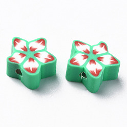 Средний Морско-зеленый Бусины из полимерной глины , для поделок ювелирных изделий, цветок, средний морской зеленый, 9~12x9~12x4~5 мм, отверстие : 1.6 мм