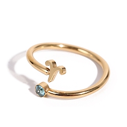 Aries Constellation Titanium Steel Open Cuff Ring with Cubic Zirconia, Golden, Aries, US Size 8(18.1mm)