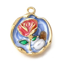 Красный Подвески из эмали и сплава, с имитацией АБС-жемчуга и блестящей пудрой, плоские круглые с цветком, стойки покрытие, долговечный, без свинца, без кадмии и без никеля, золотые, красные, 23.5x19.5x6 мм, отверстие : 1.8 мм