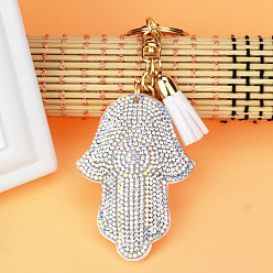 Crystal Full Rhinestone Hamsa Hand/Hand of Miriam Cloth Pendant Keychain, Tassels Charm for Car Key or Bag Ornaments, Crystal, 17cm
