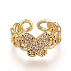Real 18K Gold Plated Brass Micro Pave Clear Cubic Zirconia Cuff Rings, Open Rings, Long-Lasting Plated, Butterfly, Curb Chain Shape, Real 18K Gold Plated, Inner Diameter: 17mm