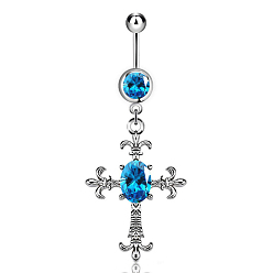 Light Sapphire Cross Alloy Body Jewelry, Religion Theme Dangle Belly Rings, with Rhinestone and 316L Stainless Steel Pins, Light Sapphire, 55x22mm, Pin: 1.6mm, 14 Gauge, Bar: 10mm
