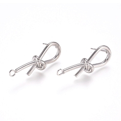 Platinum Brass Stud Earring Findings, with 316 Surgical Stainless Steel Pin and Loop, Knot, Platinum, 32x11x8mm, Hole: 2.2mm, Pin: 0.7mm