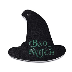 Noir Pendentifs en similicuir thème halloween, chapeau avec mot mauvaise sorcière, noir, 46x45x2mm, Trou: 1.6mm