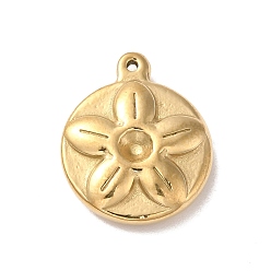 Real 14K Gold Plated 304 Stainless Steel Pendant Rhinestone Settings, Flat Round with Flower Charm, Real 14K Gold Plated, 19.5x16x4.5mm, Hole: 1mm, Fit for 3mm Rhinestone