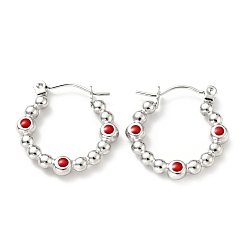 Красный 304 круглые серьги-кольца из нержавеющей стали с эмалью для женщин, цвет нержавеющей стали, красные, 20.5x20x3 мм, штифты : 0.8 мм