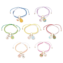 Mixed Color 7Pcs Easter Glass Seed Beads Braided Bead Bracelets, Alloy Enamel Rabbit & Egg Charm Bracelets for Women, with Nylon Thread, Mixed Color, Inner Diameter: 2~3-3/8 inch(5~8.5cm)