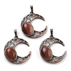 Камень с Пылевым Золотом Синтетические голдстоуновские подвески, с красной медью, луна, 34x30x9~9.5 мм, отверстие : 5x8 мм