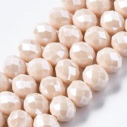 Misty Rose Electroplate Glass Beads Strands, Pearl Luster Plated, Faceted, Rondelle, Navajo White, 10x8mm, Hole: 1mm, about 65~66pcs/strand, 20.8~21.2 inch(53~54cm)