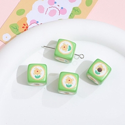 Vert Printemps Moyen Perles acryliques imprimés opaques, cube avec motif de fleurs, vert printemps moyen, 14x14mm