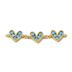 Deep Sky Blue Rack Plating Brass Connector Charms with Glass, Triple Heart Links, Lead Free & Cadmium Free, Real 18K Gold Plated, Long-Lasting Plated, Deep Sky Blue, 42~43x8x2.5mm, Hole: 1.2~1.4mm