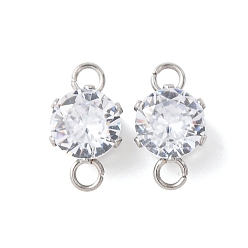 Clear 304 Stainless Steel Micro Pave Cubic Zirconia Connector Charms, Round, Clear, 11x6x5mm, Hole: 1.5mm