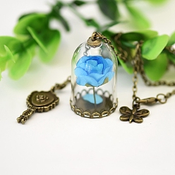 Deep Sky Blue Butterfly & Key & Glass Dried Flower Wishing Bottle Pendant Necklace, with Antique Bronze Alloy Cable Chains, Deep Sky Blue, 33.46 inch(85cm)