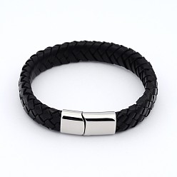 Noir Création de bracelet tressé unisexes occasionnels en cuir, avec 304 fermoirs inox , noir, 220x13x6mm