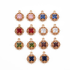 Mixed Color Rack Plating Brass Micro Pave Clear Cubic Zirconia Pendants, with Faceted Glass, Long-Lasting Plated, Cadmium Free & Lead Free, Flat Round, Mixed Color, 16.5x14x5mm, Hole: 1.2mm