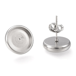 Stainless Steel Color 304 Stainless Steel Stud Earring Settings, with Ear Nuts, Flat Round, Stainless Steel Color, Tray: 10mm, 13mm, Pin: 0.8mm