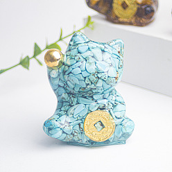 Synthetic Turquoise Resin Fortune Cat Display Decoration, with Synthetic Turquoise Chips inside Statues for Home Office Decorations, 55x40x60mm