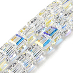 Clear AB Electroplate Glass Beads Strands, Half Rainbow Plated, Faceted, Cube, Clear AB, 7~7.5x7~7.5x7~7.5mm, Hole: 1mm