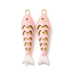 Pink Подвески из латуни с микропаве, оранжево-красные кубические цирконы, с эмалью, рыбы прелести, стойки покрытие, долговечный, без свинца и без кадмия, реальный 18 k позолоченный, розовые, 45x11x7 мм, отверстие : 5x2 мм