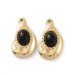 Black Onyx Natural Black Onyx(Dyed & Heated) Pendants, with Ion Plating(IP) Real 18K Gold Plated 304 Stainless Steel Findings, Teardrop Charm, 22x13x5mm, Hole: 1.5mm