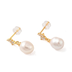 Real 18K Gold Plated Sterling Silver Dangle Earrings, with Natural Pearl,  Jewely for Women, Oval, Real 18K Gold Plated, 19x8mm
