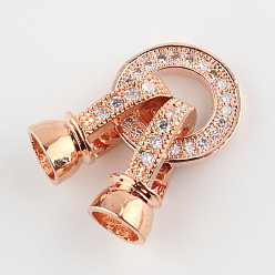 Rose Gold Brass Micro Pave Cubic Zirconia Fold Over Clasps, Rose Gold, 27x11x7mm, Hole: 1mm & 4mm