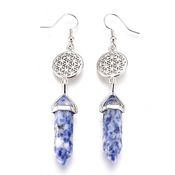 Blue Spot Jasper Pointed Bullet Natural Blue Spot Jasper Dangle Earrings, with Brass Earring Hooks and Flat Round with Flower of Life Links, Platinum, 77mm, Pin: 0.7mm
