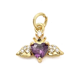 Темно-синий  Шифер Подвески в форме сердца с крыльями из латуни с микропаве из кубических цирконий, стойки покрытие, долговечный, без кадмия и без свинца, золотые, с целью перехода в кольце, темный сланец синий, 12x14x3 мм, отверстие : 3.3 мм