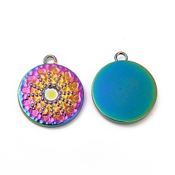 Rainbow Color Ion Plating(IP) 304 Stainless Steel Pendant Cabochon Settings, Flat Round with Sun, Rainbow Color, Tray: 3mm, 18.5x16x2mm, Hole: 1.6mm