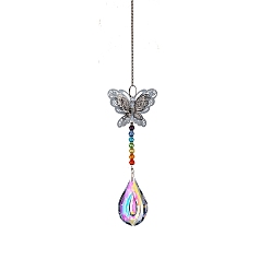 Teardrop Glass Teardrop Sun Catcher Hanging Prism Ornaments with Iron Butterfly, for Home, Garden, Ceiling Chandelier Decoration, Teardrop Pattern, 340~360mm