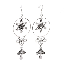 Antique Silver Alloy Star of David with Mushroom Dangle Earrings, Retro Style Long Drop Earrings for Women, Antique Silver, 114mm, Pin: 0.6mm
