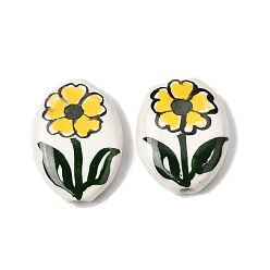 Желтый Фарфоровые бусины ручной работы, овальные с цветком, пастельный фарфор, желтые, 21~22.5x16~16.5x6~6.5 мм, отверстие : 1.5 мм