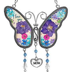 Colorful Mother's Day Butterfly & Heart with Word Mom Alloy & Acrylic Wind Chime, for Home Garden Decorations, Colorful, 250x120mm
