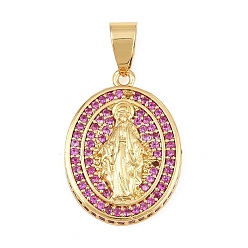 Violeta Micro latón allanan colgantes cúbicos del zirconia, óvalo con dijes de virgen maría, sin plomo y cadmio, chapado en rack, larga duración plateado, real 18 k chapado en oro, violeta, 21.5x16x4 mm, agujero: 4x6 mm