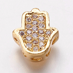 Golden Brass Cubic Zirconia Beads, Hamsa Hand/Hand of Fatima/Hand of Miriam, Clear, Golden, 9.5x8.5x4mm, Hole: 2mm