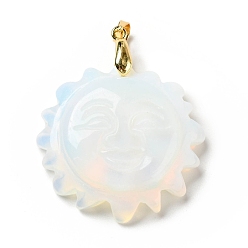 Opalite Opalite Pendants, with Golden Tone Brass Findings, Lead Free & Cadmium Free, Sun with Smiling Face, 42x34~35x10.5mm, Hole: 3.8x5mm