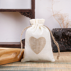 Snow Linenette Drawstring Bags, Rectangle with Heart Pattern, Snow, 14x10cm