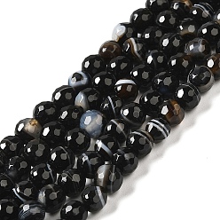 Black Natural Striped Agate/Banded Agate Beads Strands, Dyed & Heated, Faceted Round, Black, 12mm, Hole: 1.2mm, about 32pcs/strand, 15''(38.1cm)