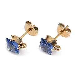 Светло-Голубой Ионное покрытие (ip) 304 фурнитура для сережек-гвоздиков из нержавеющей стали с кубическим цирконием, квадратный, Небесно-голубой, 8x6.5 мм, отверстие : 1.4 мм, штифты : 0.8 мм