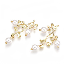 Real 18K Gold Plated Brass Pendants, with ABS Plastic Imitation Pearl, Branch, Creamy White, Real 18K Gold Plated, 35x11x1.5mm, Hole: 0.7mm