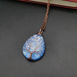 Light Sky Blue Teardrop with Tree Resin Pendant Necklace, Red Copper Copper Wire Wrapped Necklace, Light Sky Blue, 20.47 inch(52cm)
