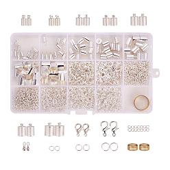 Silver PandaHall Elite Jewelry Finding Sets, with Iron Jump Rings, Zinc Alloy Lobster Claw Clasps, Alloy End Piece, Iron End Chains, Brass Cord Ends and Assistant Buckling Tool, Silver, 5~50x5~10x0.7~10mm