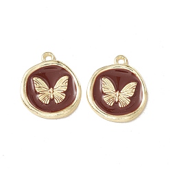 Coconut Brown Alloy Enamel Pendants, Light Gold, Flat Round with Butterfly, Coconut Brown, 21x18x2mm, Hole: 1.7mm