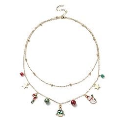 Colorful Brass Satellite Chains Double Layer Necklace, Candy Cane & Tree & Santa Claus Alloy Enamel Charms Christmas Necklace for Women, Colorful, 15.75 inch(40cm)