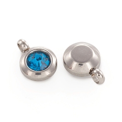 Indicolite Trendy Original Color 304 Stainless Steel Faceted Grade A Rhinestone Flat Round Charms Pendants, April Birthstone Charms, Stainless Steel Color, Indicolite, 9x6.5x4mm, Hole: 2mm